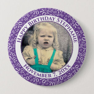 Badge Rond 10 Cm Photo 70th Random Number Motif  Violet/Blanc