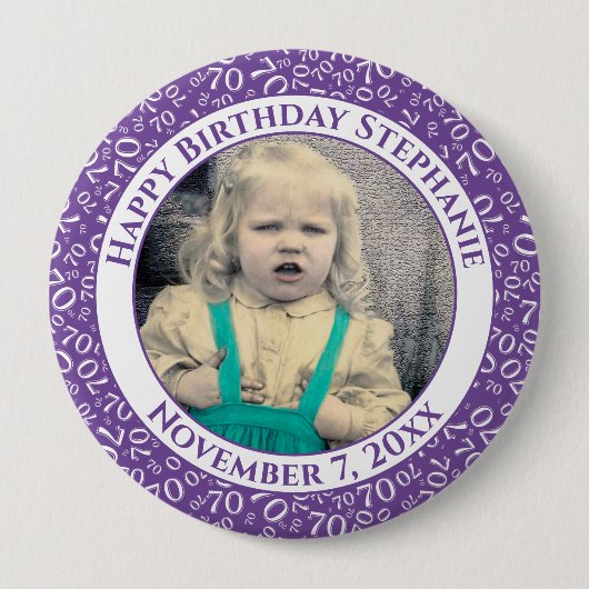 Badge Rond 10 Cm Photo 70th Random Number Motif| Violet/Blanc (Devant)