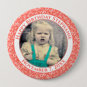 Badge Rond 10 Cm Photo 90ème motif de nombre aléatoire corail/blanc