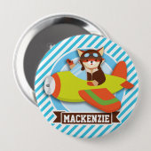 Badge Rond 10 Cm Pilote Fox en avion vert et orange; Bleus (Devant & derrière)