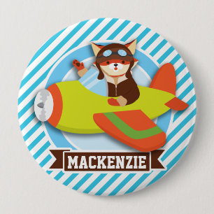 Badge Rond 10 Cm Pilote Fox en avion vert et orange; Bleus