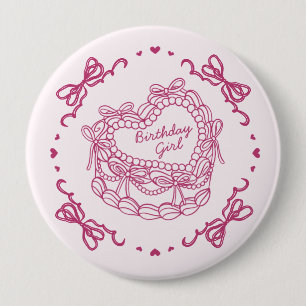Badge Rond 10 Cm Pink Bow Retro Coeur Coquette gâteau Anniversaire 