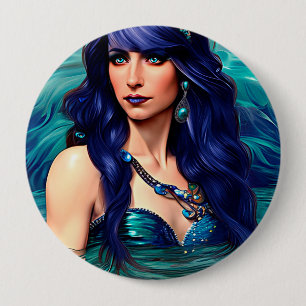 Badge Rond 10 Cm Pisces Blue Mermaid Queen Original Fantasy art