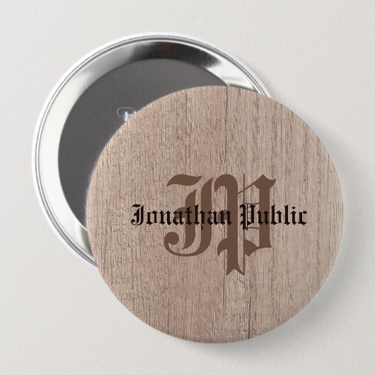 Badge Rond 10 Cm Planche Bois Look Vieux Script Monogramme (Devant & derrière)