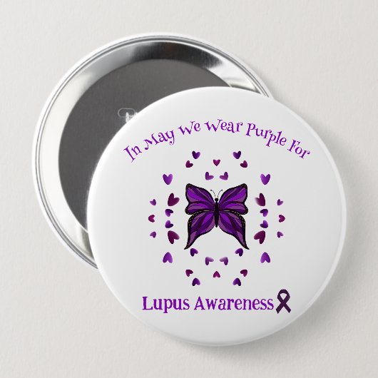 Badge Rond 10 Cm Purple Papillon Lupus Sensibilisation Ribbon pourp (Devant & derrière)