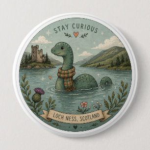 Badge Rond 10 Cm Restez Curieux Cozy Cryptide Nessie Monstre du Loc