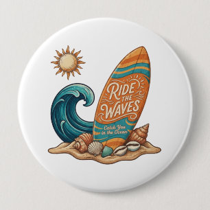 Badge Rond 10 Cm Ride the Waves Surfboard Illustration - Tropical B