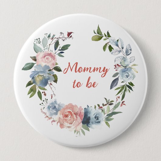 Badge Rond 10 Cm Rose bleu Floral Wreath Mommy to be 4" (Devant)
