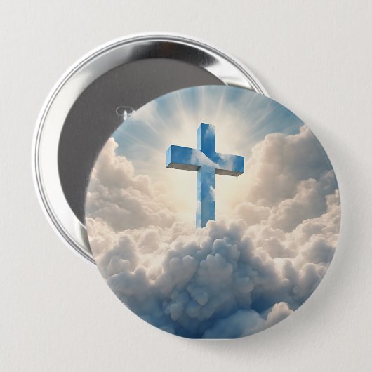 Badge Rond 10 Cm Salut, Croix dans les nuages, (Devant & derrière)