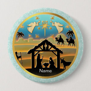 Badge Rond 10 Cm Scène de Noël avec l'Enfant Jésus dans la crèche