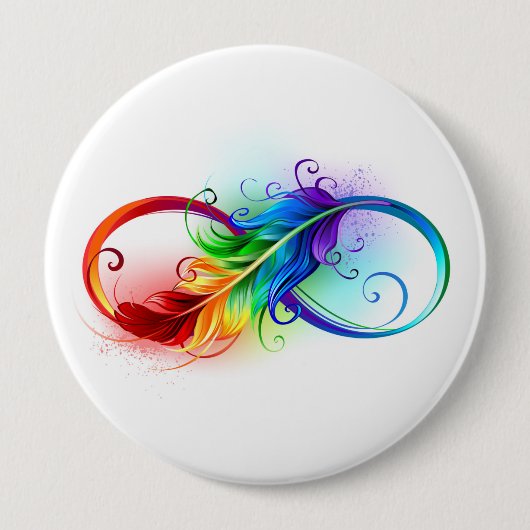 Badge Rond 10 Cm Symbole d'infini avec plume arc-en-ciel (Devant)