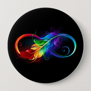 Badge Rond 10 Cm Symbole d'infini avec plume arc-en-ciel
