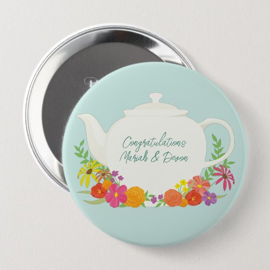 Badge Rond 10 Cm Tea Party Baby shower Teapot Spring Floral (Devant & derrière)