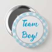 Badge Rond 10 Cm Team Boy, Gender Reveal Button, Blue Plaid (Devant & derrière)
