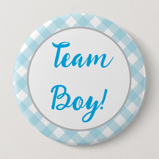 Badge Rond 10 Cm Team Boy, Gender Reveal Button, Blue Plaid (Devant)