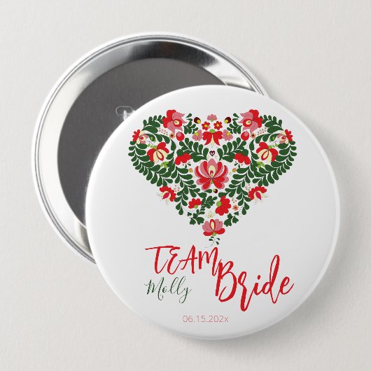 Badge Rond 10 Cm Team Bride Script personnalisé Hongrois Matyo Folk (Devant & derrière)
