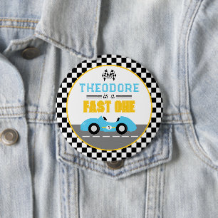Badge Rond 10 Cm Voiture de course Fast One Favor pour 1ère fête d'