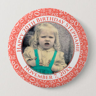 Badge Rond 10 Cm Votre Photo 20 Motif de Nombre Aléatoire Corail/Bl
