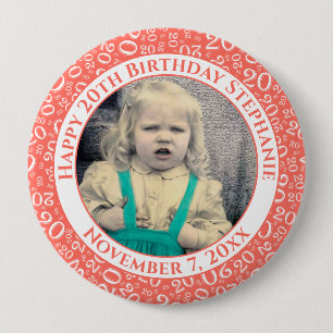 Badge Rond 10 Cm Votre photo   20e anniversaire Random Number Coral