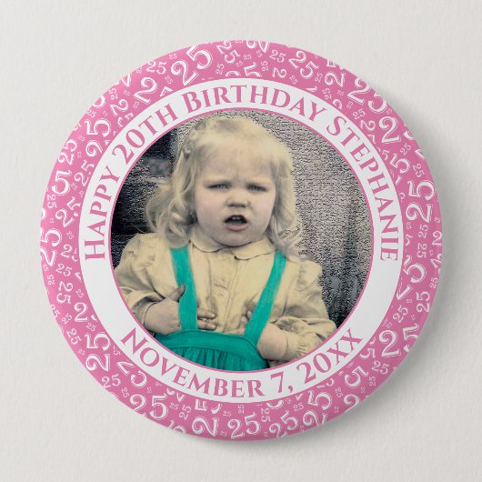 Badge Rond 10 Cm Votre photo | 25e anniversaire Numéro Motif rose (Devant)