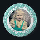 Badge Rond 10 Cm Votre photo 30e anniversaire Numéro Motif | TURQUO<br><div class="desc">Il s'agit d'un bouton commémoratif avec votre photo et votre texte pour célébrer votre 30e anniversaire. Il y a un modèle de texte pour faciliter la modification du message et de la date. Il y a aussi un modèle photo pour faciliter l'ajout de votre image. Ce cadre photo turquoise et...</div>