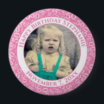 Badge Rond 10 Cm Votre photo 50e anniversaire Numéro Motif | Rose<br><div class="desc">Il s'agit d'un bouton commémoratif avec votre photo et votre texte pour célébrer votre 50e anniversaire. Il y a un modèle de texte pour faciliter la modification du message et de la date. Il y a aussi un modèle photo pour faciliter l'ajout de votre image. Ce cadre d'image rose et...</div>