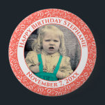 Badge Rond 10 Cm Votre photo 70e anniversaire Numéro Motif Coral<br><div class="desc">Il s'agit d'un bouton commémoratif avec votre photo et votre texte pour célébrer votre 70e anniversaire. Il y a un modèle de texte pour faciliter la modification du message et de la date. Il y a aussi un modèle photo pour faciliter l'ajout de votre image. Ce cadre d'image corallien et...</div>