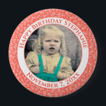 Badge Rond 10 Cm Votre photo 80e anniversaire Numéro Motif | Corail<br><div class="desc">Il s'agit d'un bouton commémoratif avec votre photo et votre texte pour célébrer votre 80e anniversaire. Il y a un modèle texte pour faciliter la personnalisation du message et de la date. Il y a aussi un modèle photo pour faciliter l'ajout de votre image. Ce cadre d'image corallien et blanc...</div>
