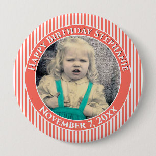 Badge Rond 10 Cm Votre photo d'anniversaire Simple rayures Corail/B
