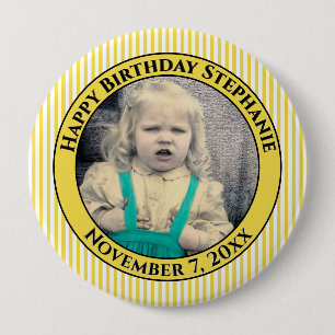Badge Rond 10 Cm Votre photo d'anniversaire simples rayures jaune/b