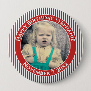 Badge Rond 10 Cm Votre photo d'anniversaire simples rayures rouge/b