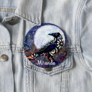Badge Rond 10 Cm Whimsical Raven Moon Floral Abstrait Personnalisé