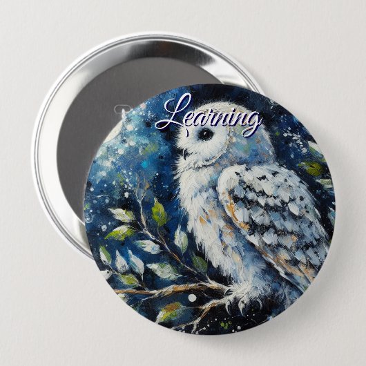 Badge Rond 10 Cm White Owl On Branch in Moonlight Personalized (Devant & derrière)