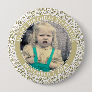 Badge Rond 10 Cm Your Photo 100th Birthday Number Pattern Gold