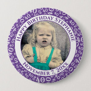 Badge Rond 10 Cm Your Photo 40th Birthday Number Pattern Purple