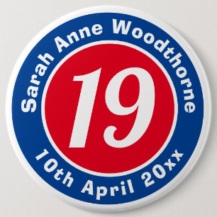 Badge Rond 15,2 Cm 19e anniversaire avec nom, âge et date
