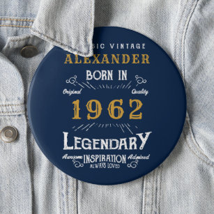 Badge Rond 15,2 Cm 60th Birthday 1962 Ajouter Nom Blue Gold Legendary