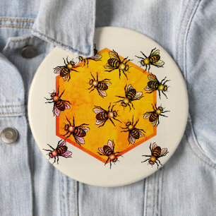 Badge Rond 15,2 Cm Abeilles de miel avec dessin d'hexagone jaune oran