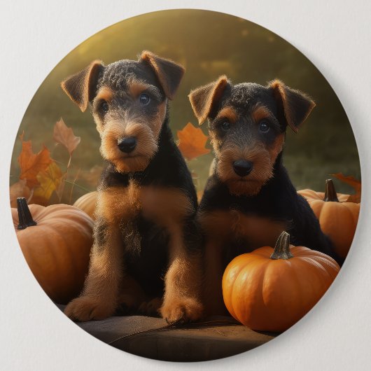 Badge Rond 15,2 Cm Airedale Chiot Automne Citrouille délice (Devant)