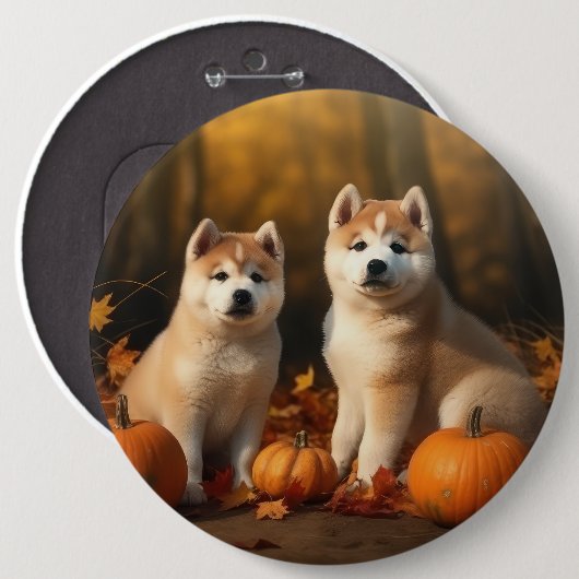Badge Rond 15,2 Cm Akita Puppy Citrouille d'automne (Devant & derrière)