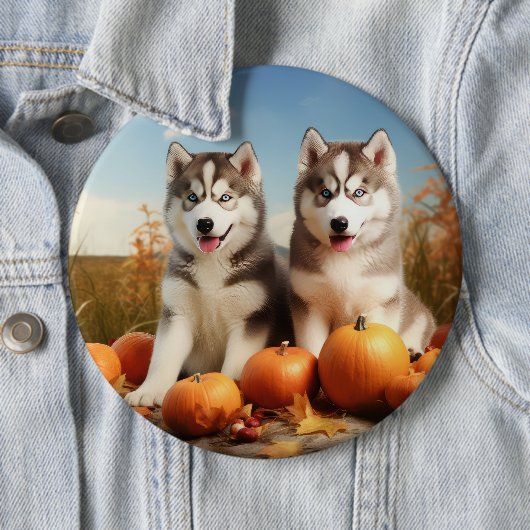 Badge Rond 15,2 Cm Alaskan Malamute Chiot Automne Citrouille délice (En situation)
