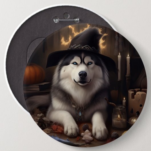 Badge Rond 15,2 Cm Alaskan Malamute Citrouilles Halloween effrayant (Devant & derrière)