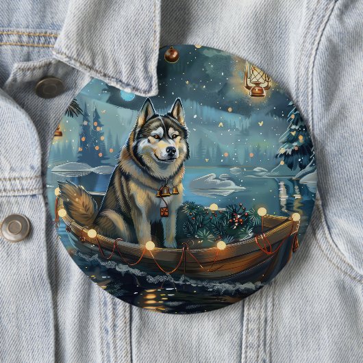 Badge Rond 15,2 Cm Alaskan Malamute Noël Festive Voyage (En situation)