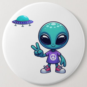 Badge Rond 15,2 Cm Alien de paix mignon et vaisseau spatial