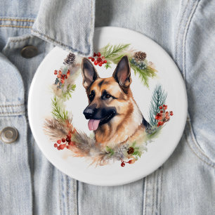 Badge Rond 15,2 Cm Allemand Berger Noël Wreath Festive Pup
