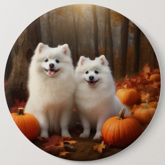Badge Rond 15,2 Cm American Eskimo Chiot Automne Citrouille délice (Devant)