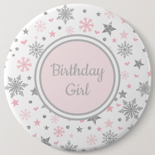Badge Rond 15,2 Cm Anniversaire argenté rose de flocons de neige (Devant)