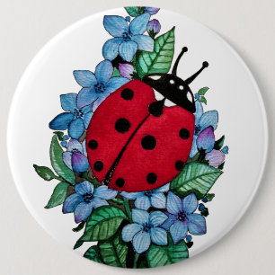 Badge Rond 15,2 Cm Aquarelle Cute Ladybird Avec Fleurs Bleues Sauvage