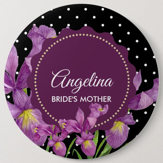 Badge Rond 15,2 Cm Aquarelle violet Iris noir blanc Pois (Devant)