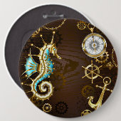 Badge Rond 15,2 Cm Arrière - plan en bois avec cheval de mer mécaniqu (Devant & derrière)